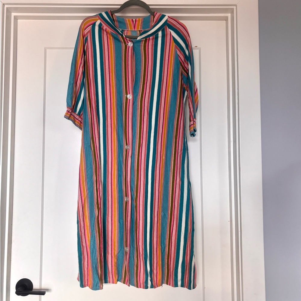 Vintage 70s Striped Colorful Terry Midi Lounge House Dress/ Pool Cover Up- Sz M
